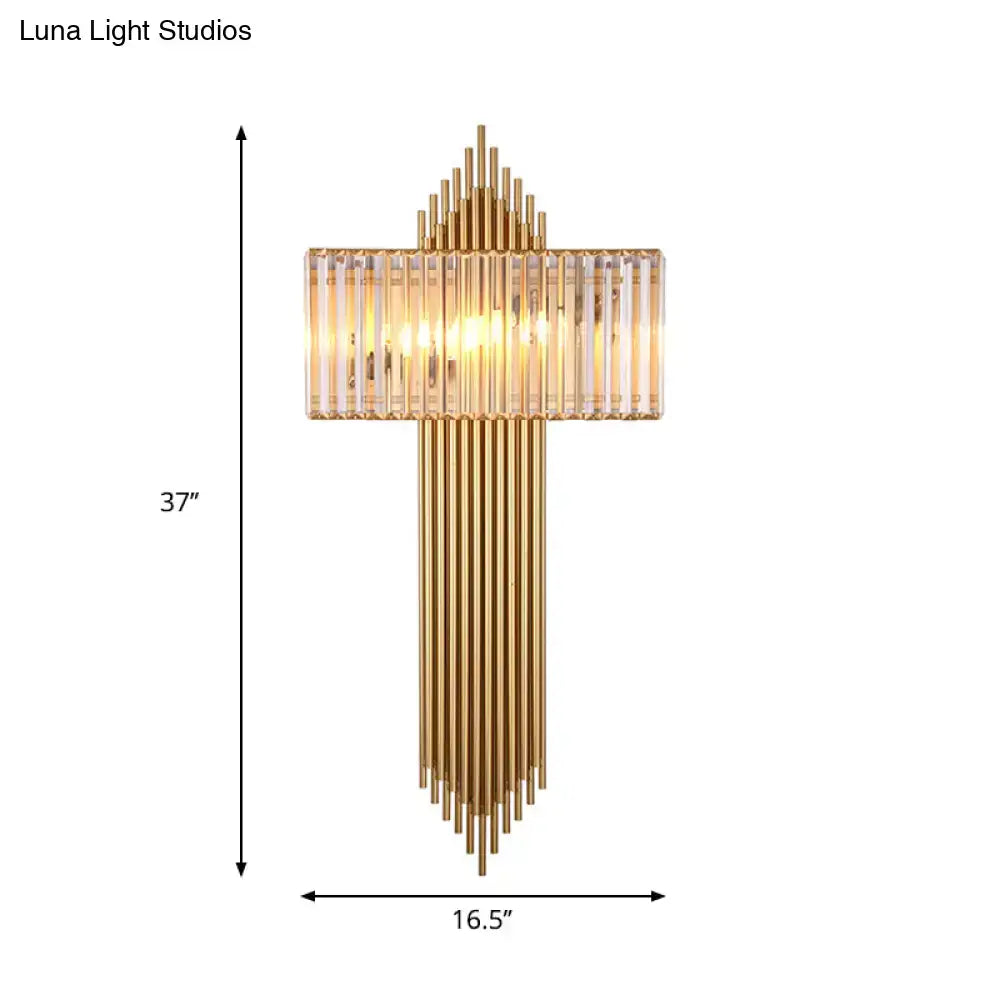 Modern brass and crystal rectangular wall lighting fixture with gold-toned vertical crystal rods and central illuminated panel