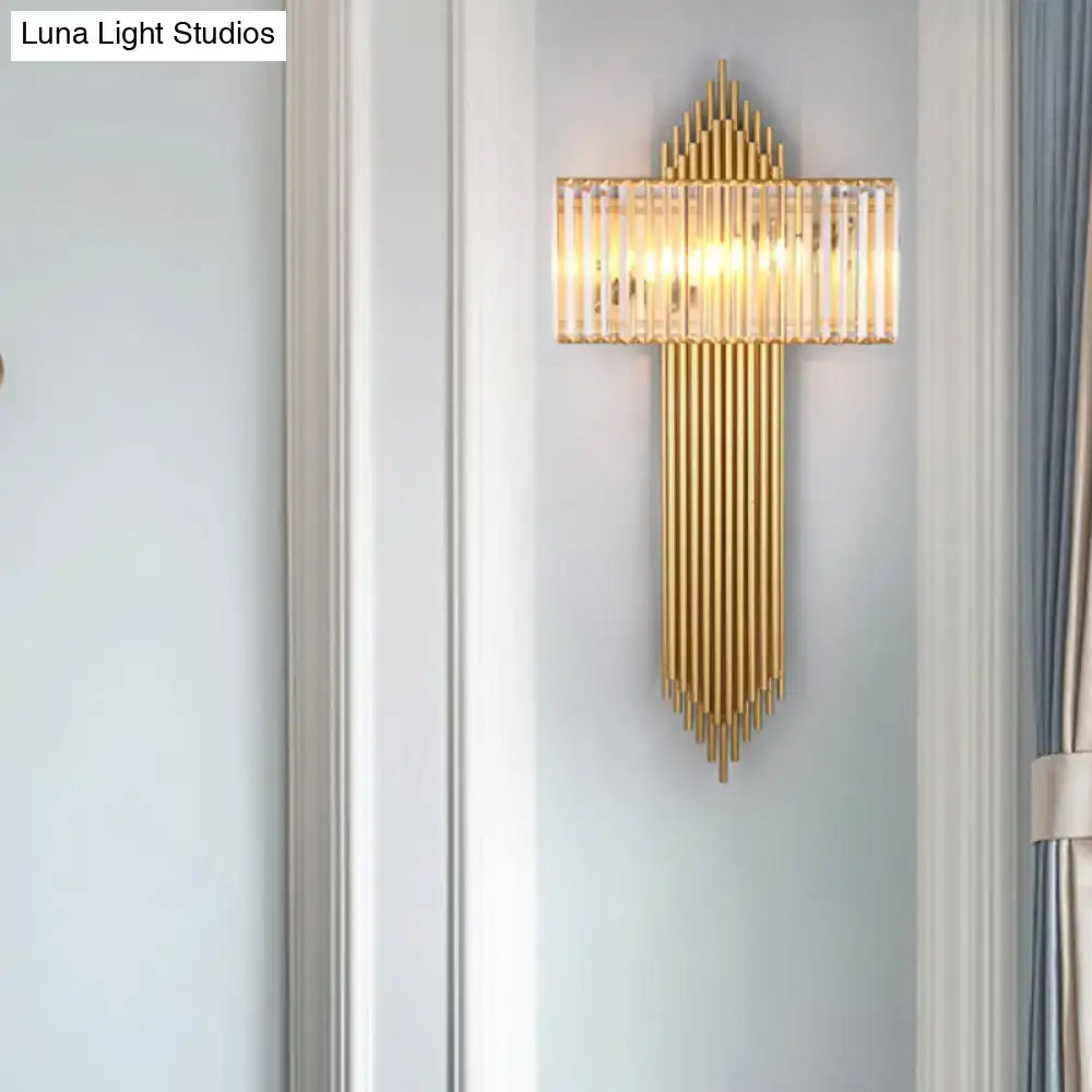 Modern brass and crystal rectangular wall lighting featuring gold-toned vertical crystal rods for bedroom use