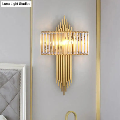 Modern brass and crystal rectangular wall lighting fixture with gold-toned vertical crystal rods for bedroom use
