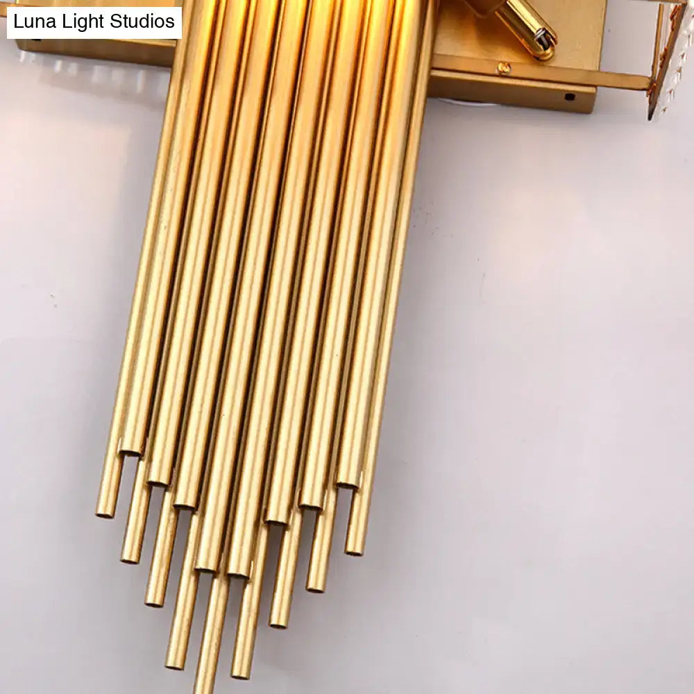 Modern brass and crystal rectangular wall lighting featuring golden brass rods in a cascading fan-like pattern