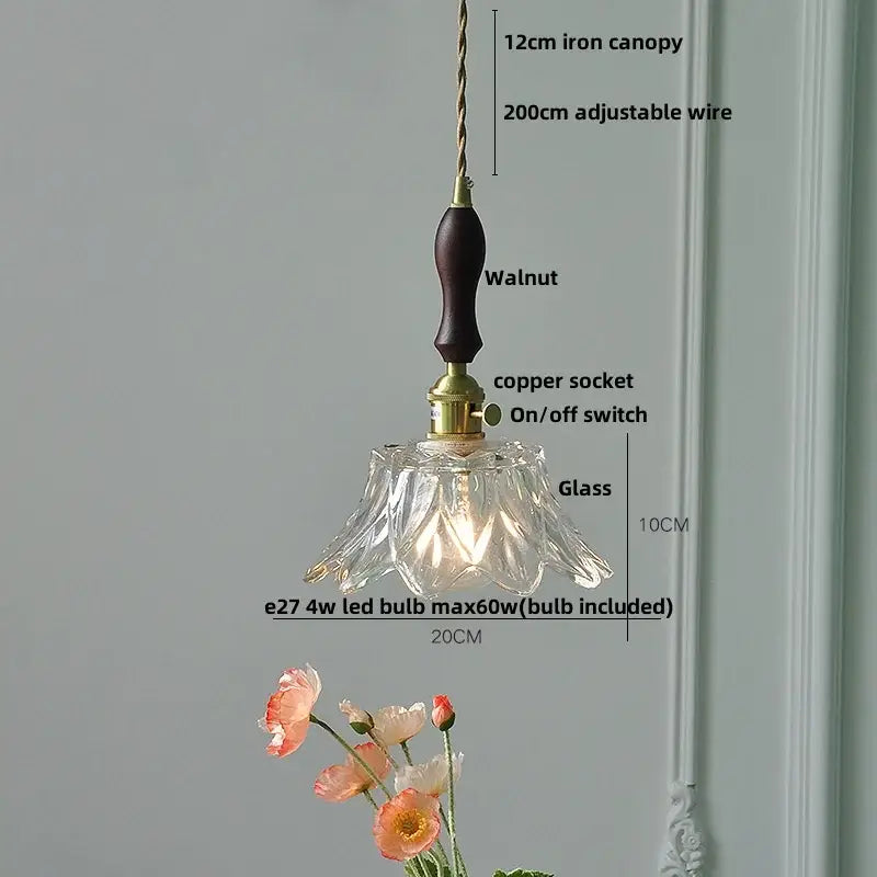 Modern led pendant light with clear fluted glass and dark walnut wooden handle for dining room lighting