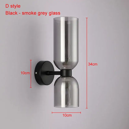 Modern black d-style wall lamps with two smoked grey decorbites glass ball shades for bedroom sconces