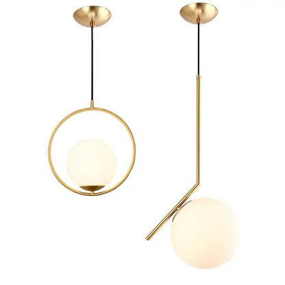 Modern brass and frosted glass ball pendant light with gold-finished spherical shades and geometric metal frames decorbites glass ball