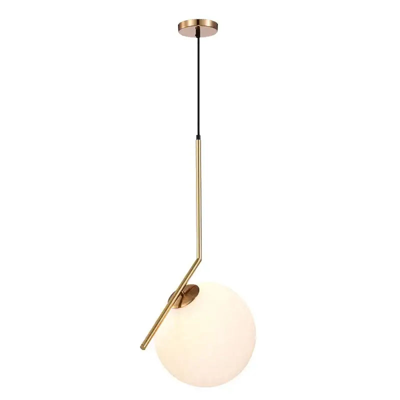 Modern brass and frosted glass ball pendant light featuring a sleek metal frame and opaque white glass shade by decorbites