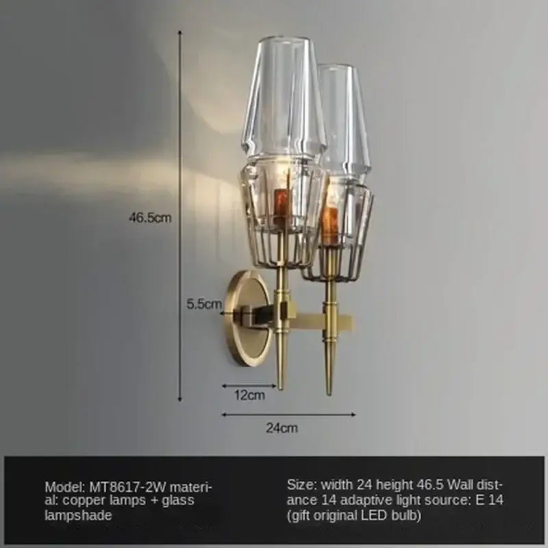 Modern brass and glass bedside table lamp wall sconce with two clear glass lampshades for bedroom use