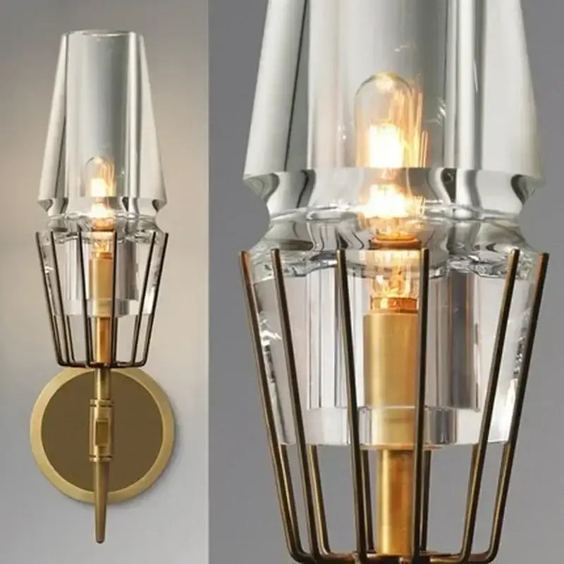 Modern brass and glass bedside table lamp wall sconce with clear glass shade and brass cage design for bedside table use