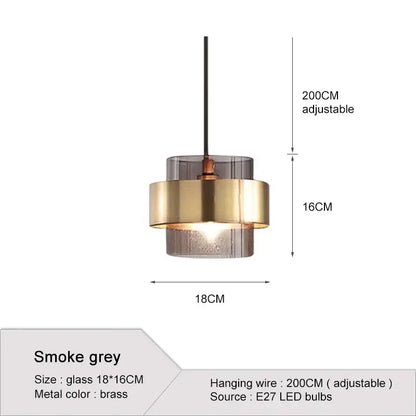 Modern brass and smoke grey glass pendant light with adjustable 200cm wire for kitchen or dining room lighting
