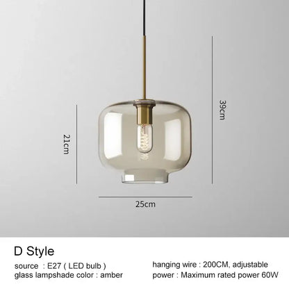 Modern brass and amber-tinted glass pendant light with exposed led bulb for kitchen and dining room chandelier