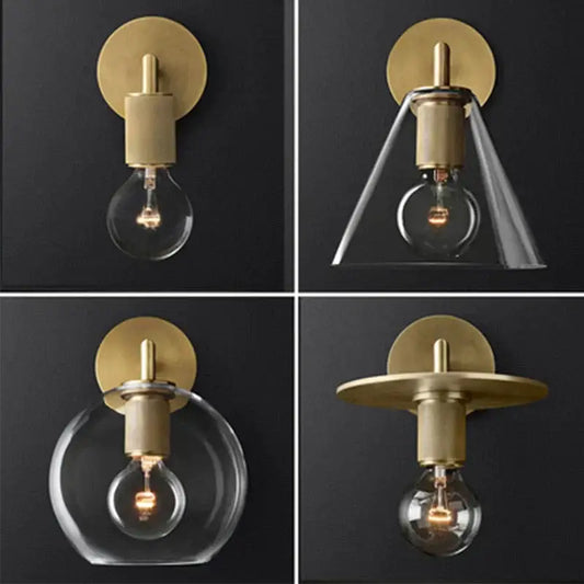 Modern brass and glass wall sconce featuring brass finish with clear glass shades and exposed bulb design for bedroom lighting