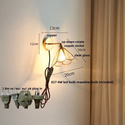 Modern brass and gray glass led wall sconce with copper fixture clear glass shade and e27 4w led bulb for bedroom lighting