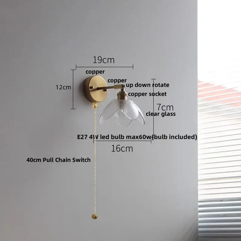 Modern brass and gray glass led wall sconce with clear flower-shaped shade and 40cm pull chain switch for bedroom lighting