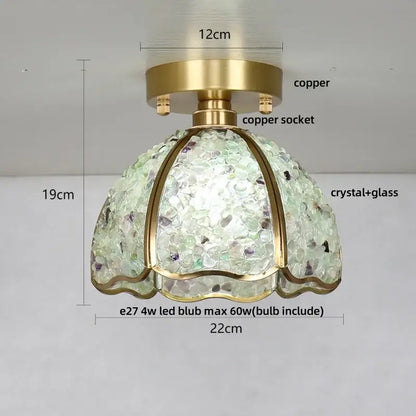 Modern brass and green crystal glass led ceiling light with copper base and decorbites crystal glass shade for bedroom decor