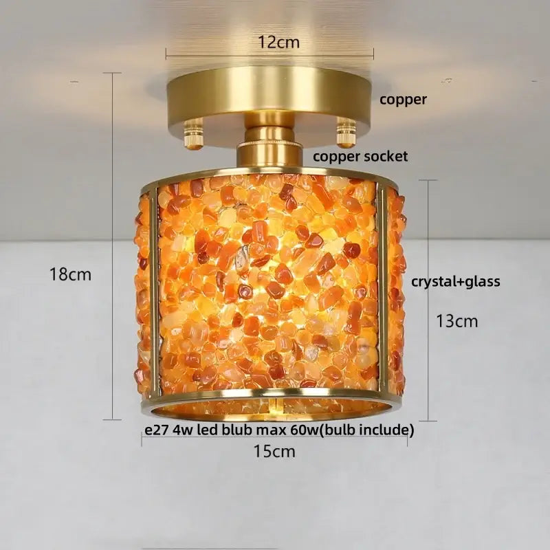 Modern brass and green decorbites crystal glass led ceiling light with amber mosaic glowing warmly for bedroom decor