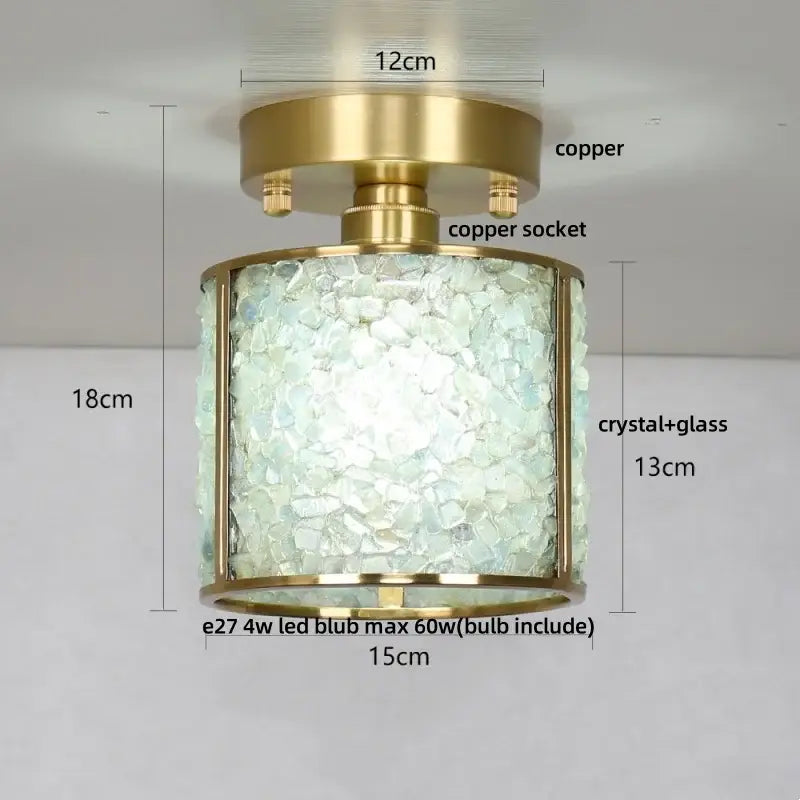 Modern brass and green crystal glass led ceiling light with a brass copper frame and pale blue-green decorbites crystal glass shards