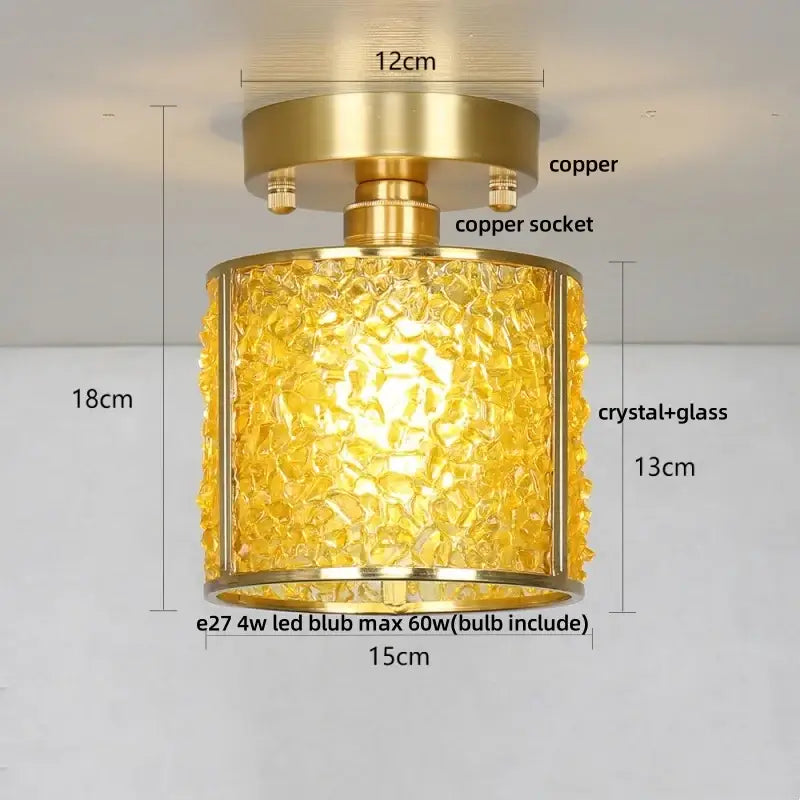 Modern brass and green crystal glass led ceiling light with gold-toned textured amber crystal glass and copper hardware