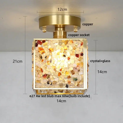 Modern brass and green crystal glass led ceiling light with brass copper finish and decorbites crystal glass mosaic face