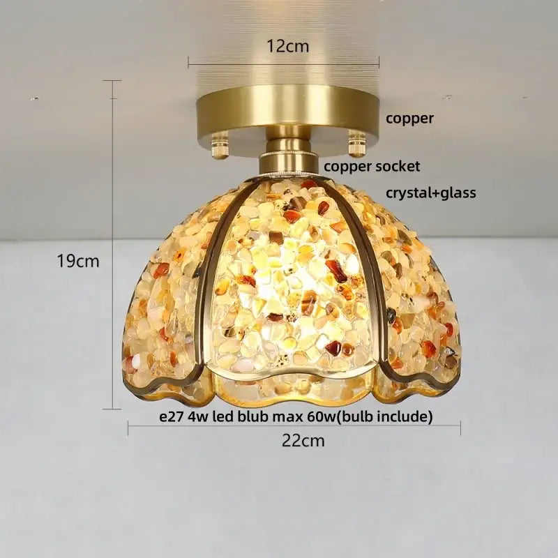 Modern brass and green crystal glass led ceiling light with amber pendant, copper base, and colorful stone-embedded shade decorbites crystal glass