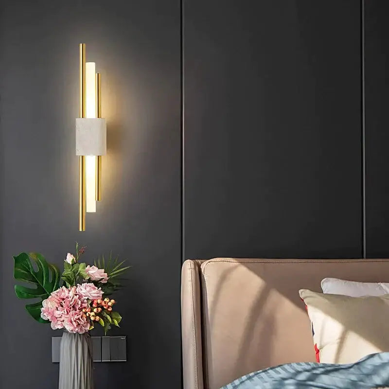 Modern brass and green marble led wall lamp with gold-toned sconce, white marble accent, and vertical cylindrical light bars