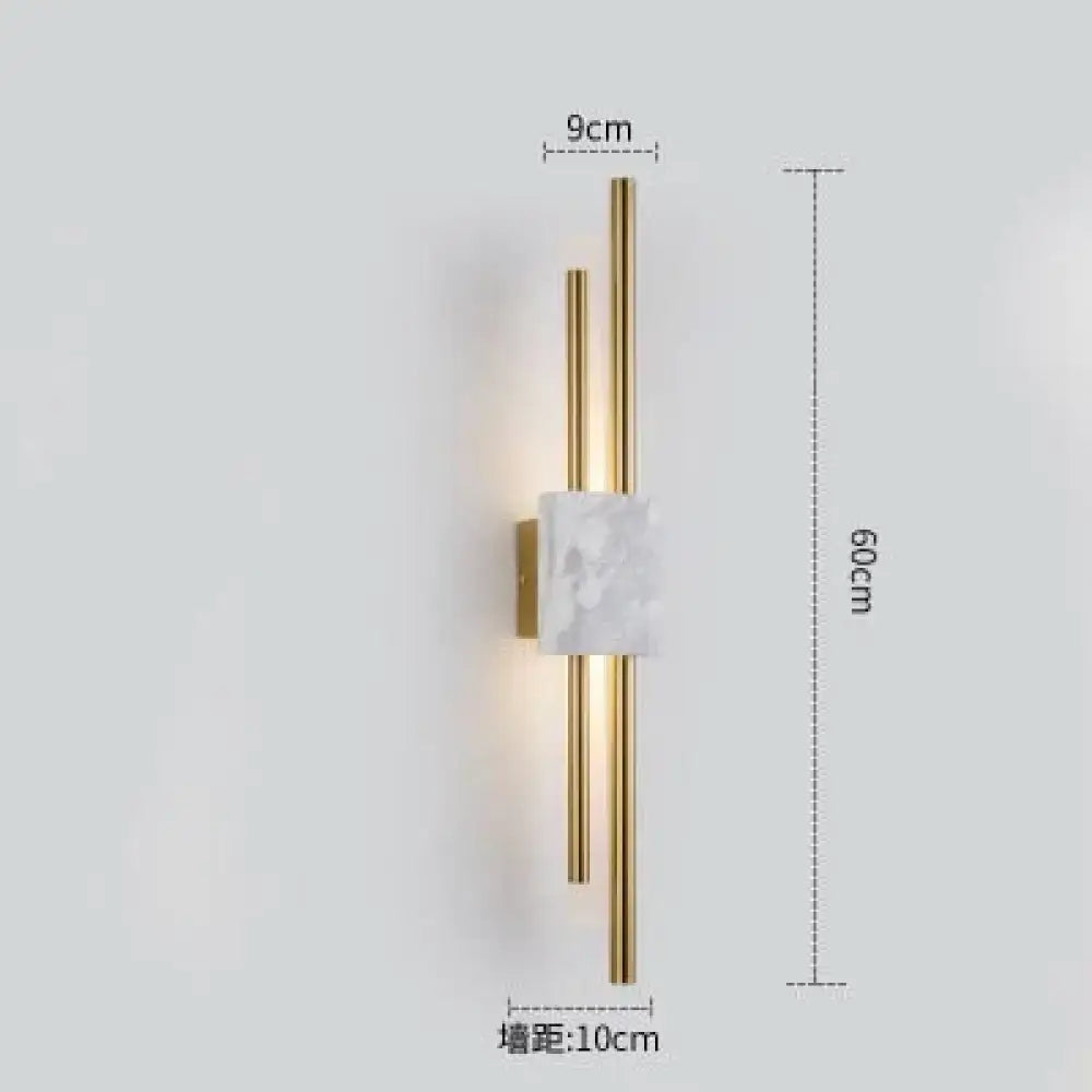 Modern brass and green marble led wall lamp featuring gold-toned rods and a white marble accent for living room use