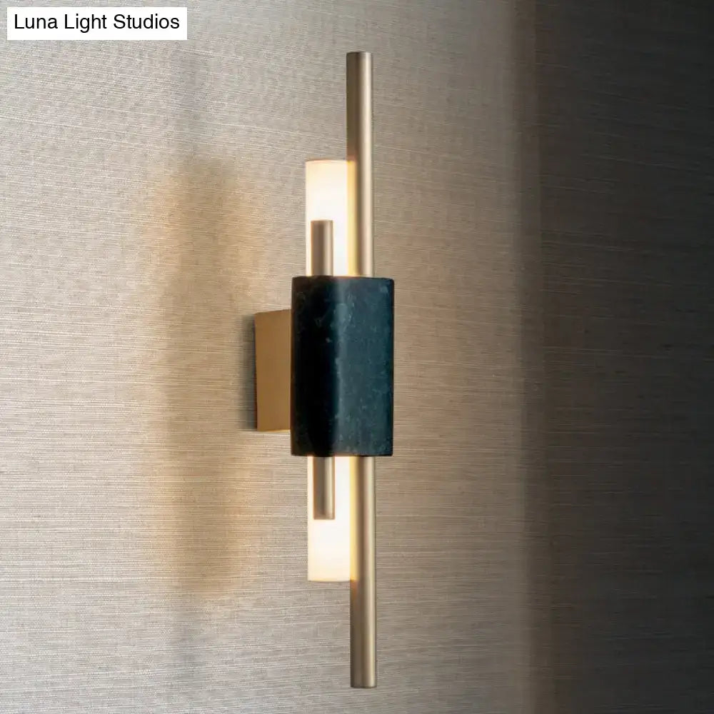 Modern brass and green marble led wall lamp with gold-toned frame and dark teal marble band for living room lighting