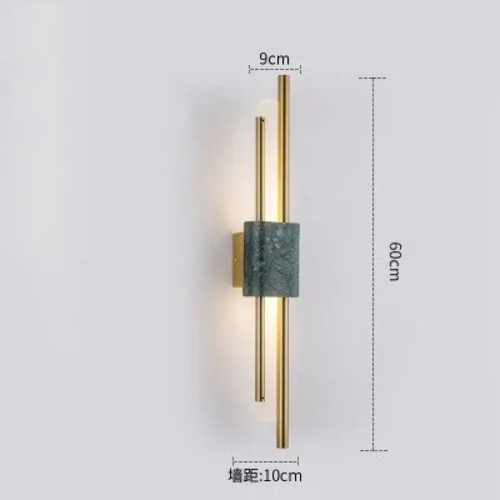 Modern marble led wall lamp with two gold-toned rods and dark green marble accent for living room lighting