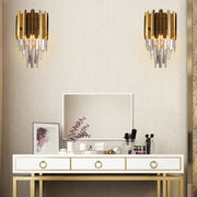 Modern brass and k9 crystal wall sconce with gold-toned metallic slats and led light for 220v-240v 110v-120v use