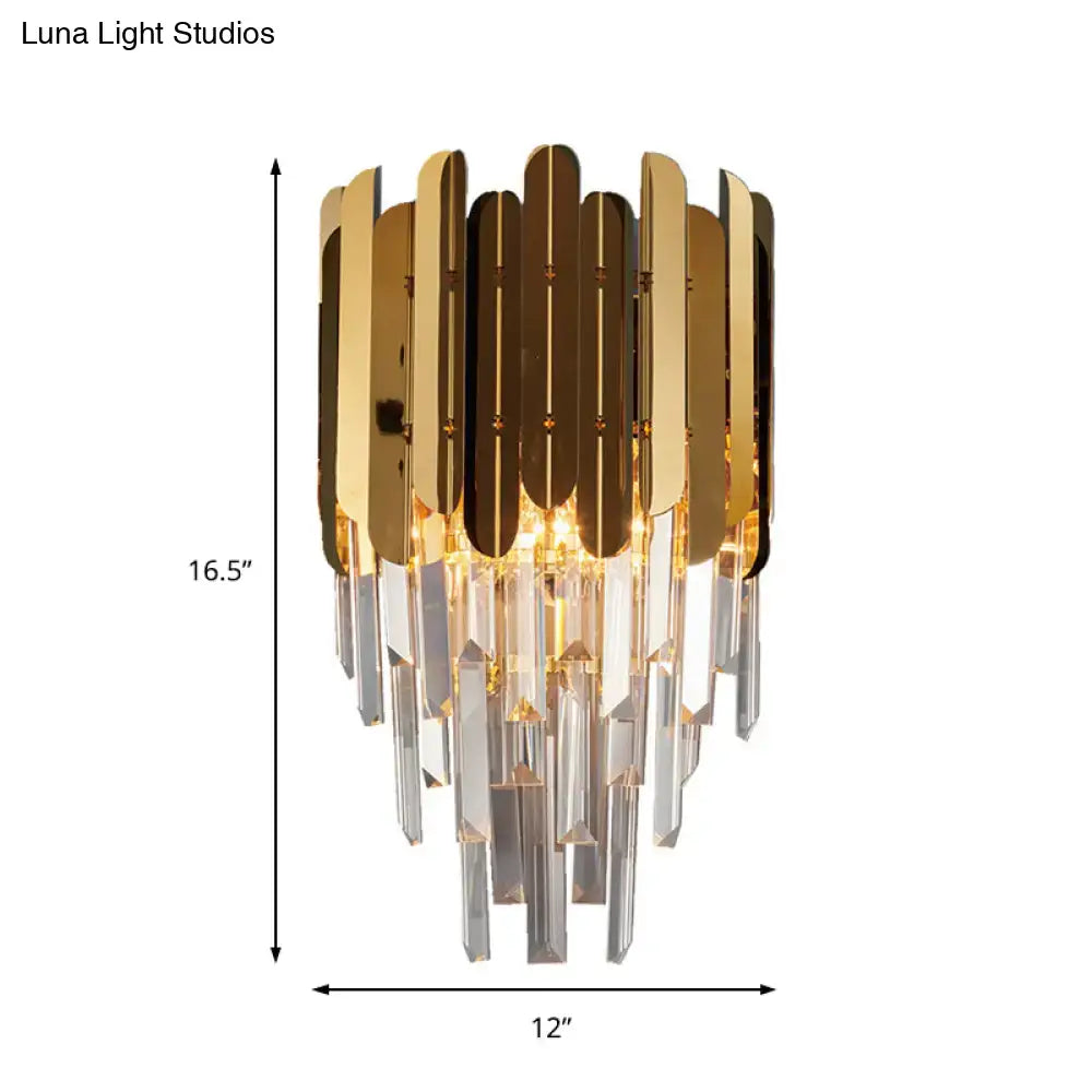 Gold-toned modern brass wall sconce with cascading k9 crystal prisms led bedroom light 220v-240v 110v-120v compatible