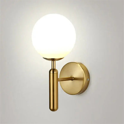 Modern brass wall sconce with gold finish and spherical frosted glass globe for bedroom decorbites blue glass style