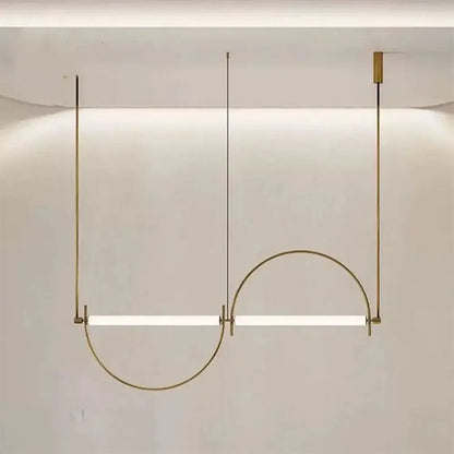 Modern brass pendant light with two horizontal led bars and polished chrome finish suspended from ceiling for dining room