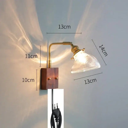 Modern brass wall lights with clear glass ribbed shade and wooden base for bedroom decorbites clear glass collection
