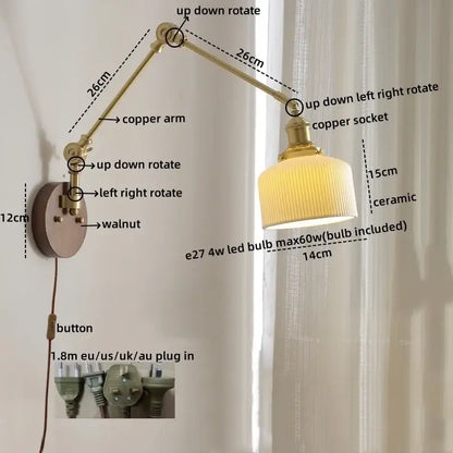 Adjustable modern brass wall lamp with ribbed ceramic shade led wall lamp ideal for bedroom pull chain light