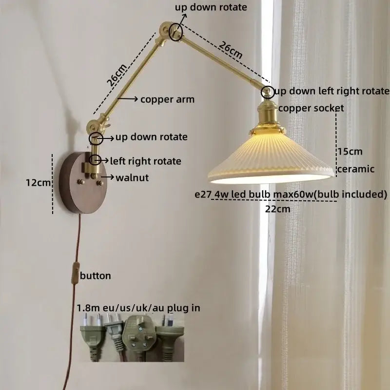 Adjustable modern brass led wall lamp with ribbed ceramic shade and copper arm for bedroom lighting