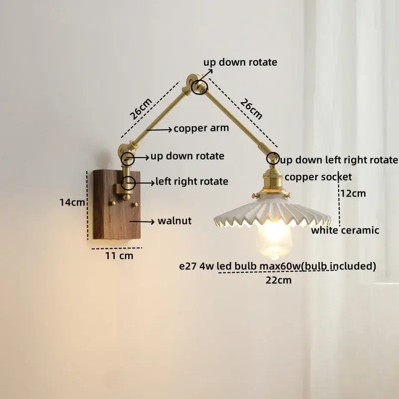 Adjustable copper-arm led wall lamp with walnut base and white ceramic shade for modern bedroom lighting