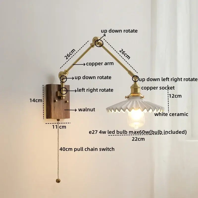 Adjustable copper-arm led wall lamp with walnut base and white ceramic shade for modern bedroom lighting