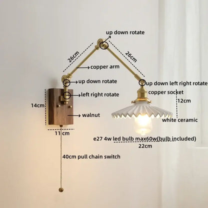 Adjustable copper-arm led wall lamp with walnut base and white ceramic shade for modern bedroom lighting