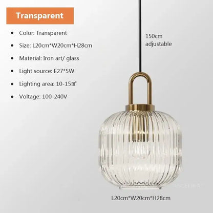 Modern brass and striped glass pendant light featuring a transparent ribbed glass pendant light for dining room use