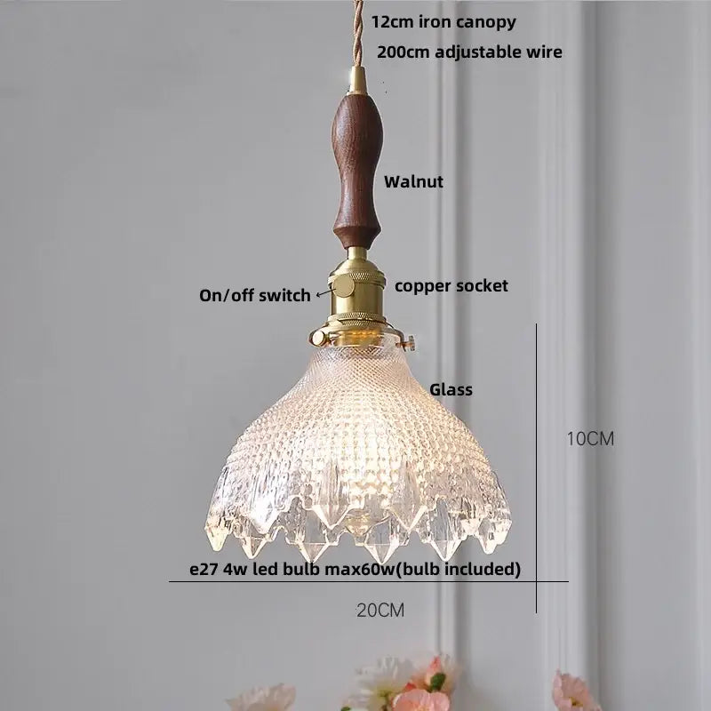 Modern brass and textured clear glass knob switch pendant light with walnut iron canopy by decorbites clear glass