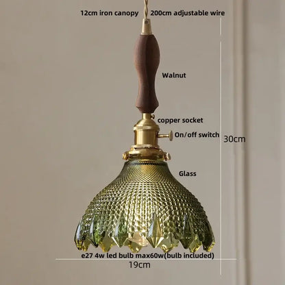 Modern brass pendant light with olive green textured glass shade, knob switch, and walnut handle for kitchen decorbites clear glass