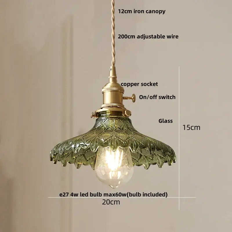 Modern brass pendant light with antique green glass, knob switch, and adjustable copper wire suspension for kitchen decorbites clear glass