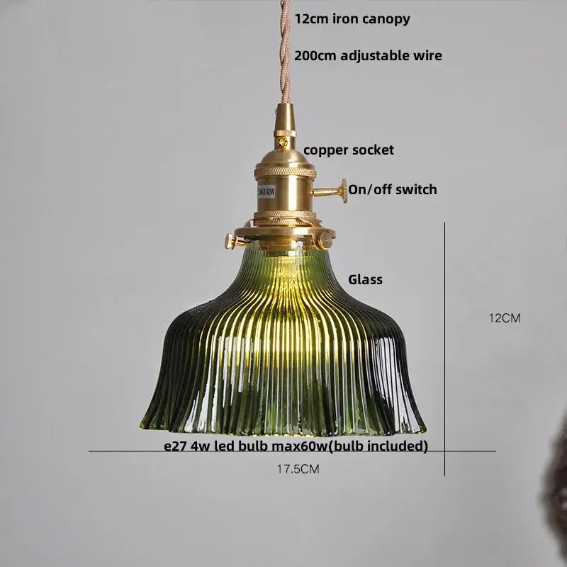 Vintage-style pendant light with fluted green glass shade brass knob switch and adjustable iron canopy for kitchen decorbites clear glass