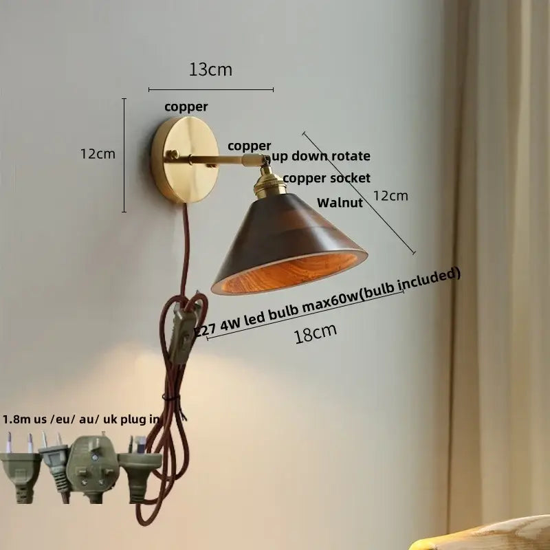 Modern brass and walnut led wall sconce with copper finish and adjustable arm featuring led walnut wood shade decorbites led walnut