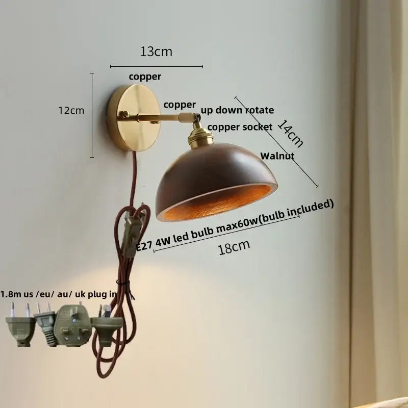 Copper-finished modern brass and walnut led wall sconce with dark walnut wood shade and adjustable arm for bedroom decorbites led walnut