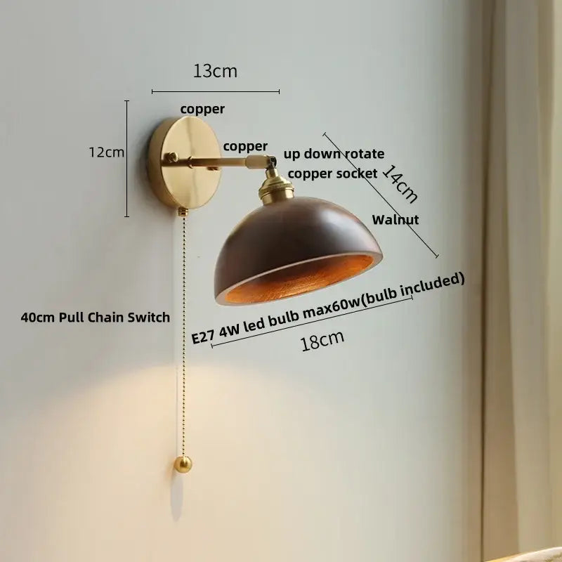 Modern brass and walnut led wall sconce with copper finish dark walnut shade and adjustable up-down rotating socket decorbites led walnut