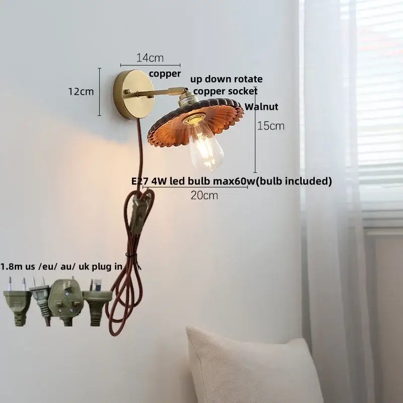 Modern brass and walnut led wall sconce featuring a copper finish, scalloped walnut shade, and edison bulb for decorbites led walnut wood lighting