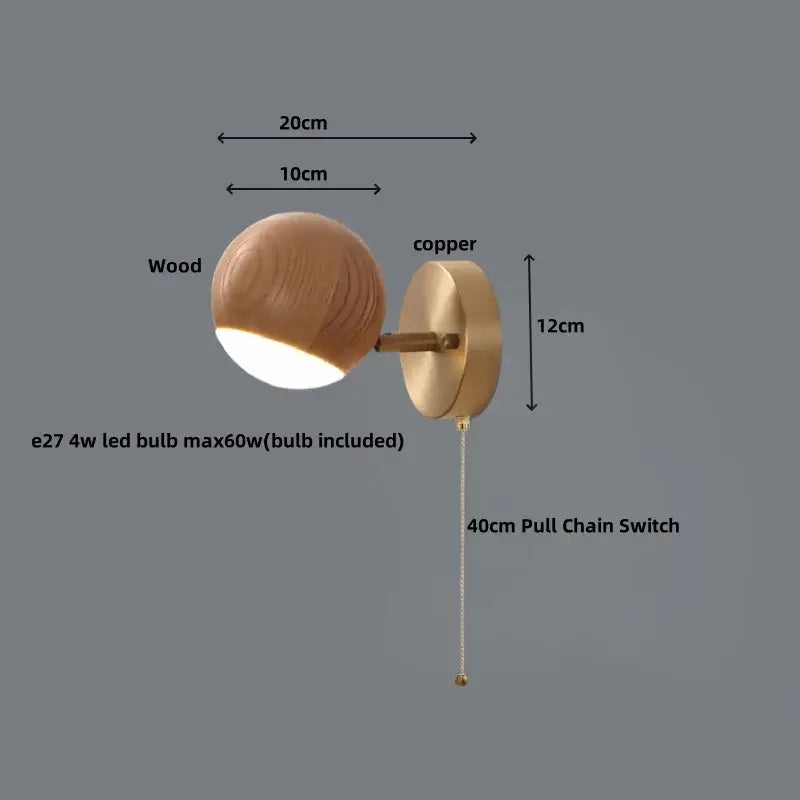 Modern brass and walnut led wall sconce with copper and wood spherical design and 40cm pull chain switch for bedroom