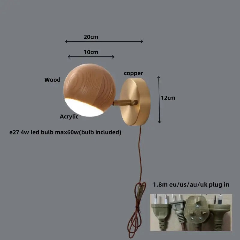 Modern brass and walnut led wall sconce with warm wooden sphere, acrylic diffuser, and copper mounting plate for bedroom spotlight