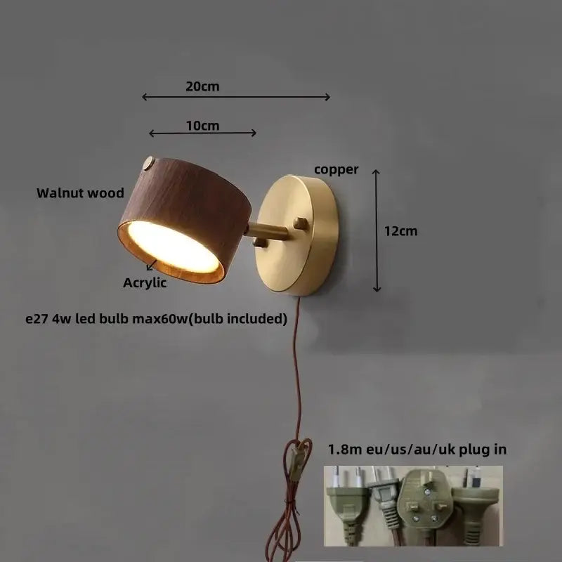 Modern brass and walnut led wall sconce with copper spotlight and acrylic lens for bedroom lighting use