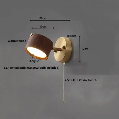 Modern brass and walnut led wall sconce with copper accents and acrylic lens for bedroom spotlight lighting