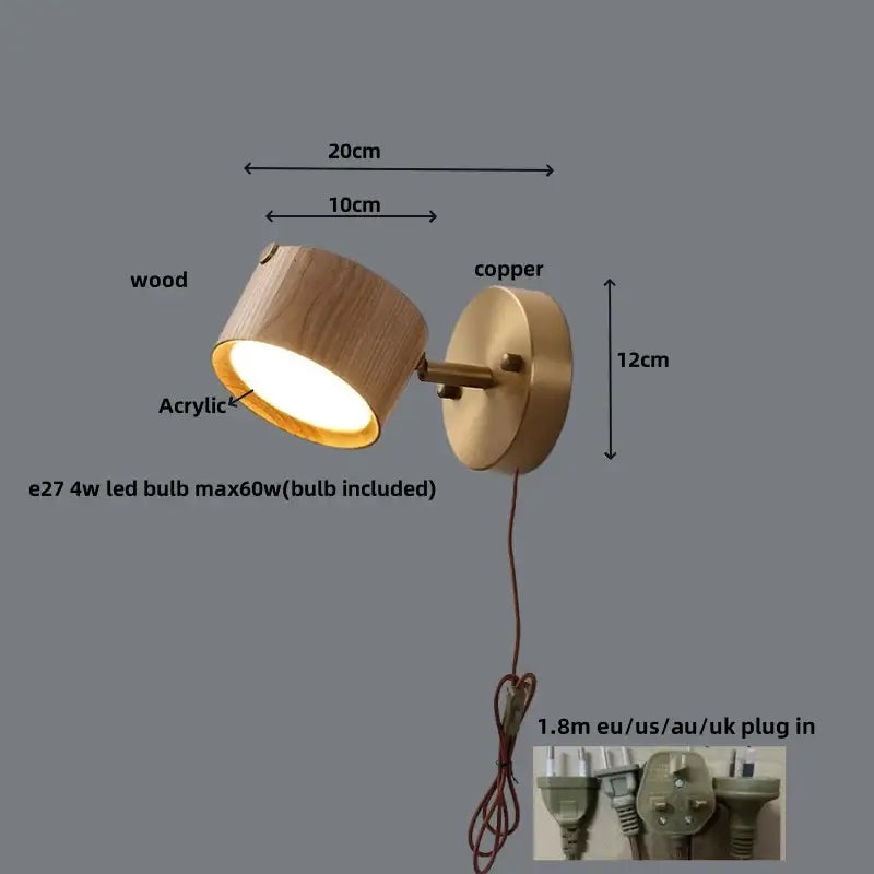 Modern brass and wood base wall sconce spotlight with natural wood finish copper accents acrylic diffuser decorbites led wood