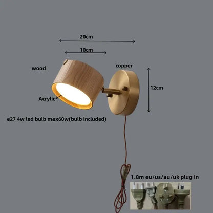 Modern brass and wood base wall sconce spotlight with natural wood finish copper accents acrylic diffuser decorbites led wood